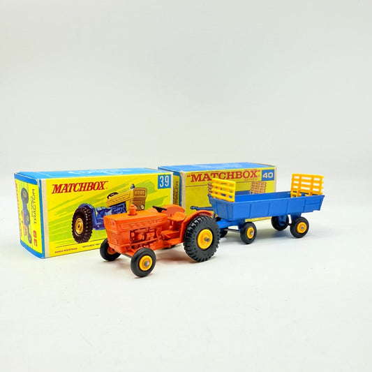 Matchbox Lesney 39c Tractor In Orange With Trailer - Magic Matchbox