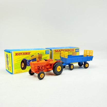 Matchbox Lesney 39c Tractor In Orange With Trailer - Magic Matchbox