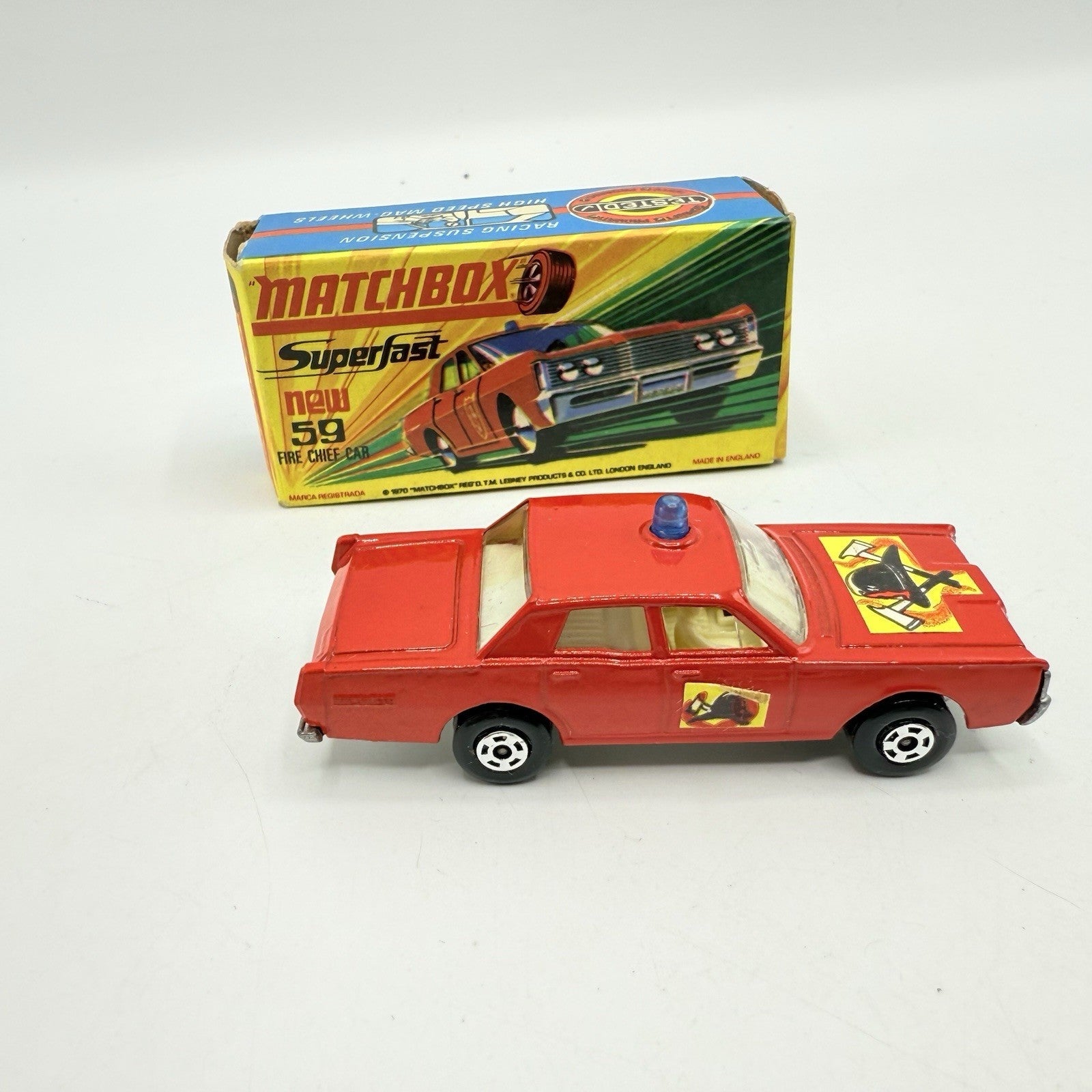 Matchbox Superfast 59 Mercury Fire Chief with Helmet & Axles Labels Boxed - Magic Matchbox
