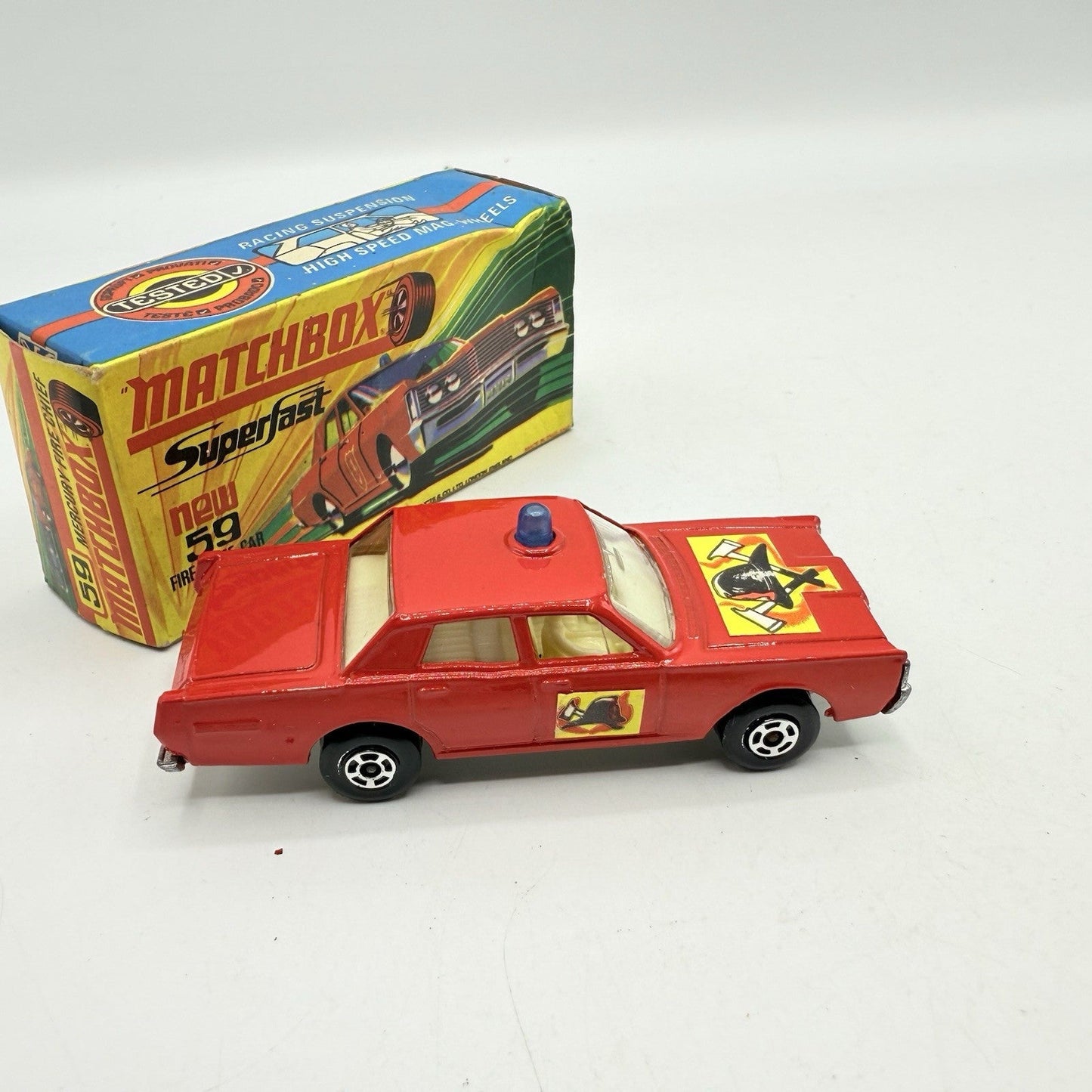 Matchbox Superfast 59 Mercury Fire Chief with Helmet & Axles Labels Boxed - Magic Matchbox