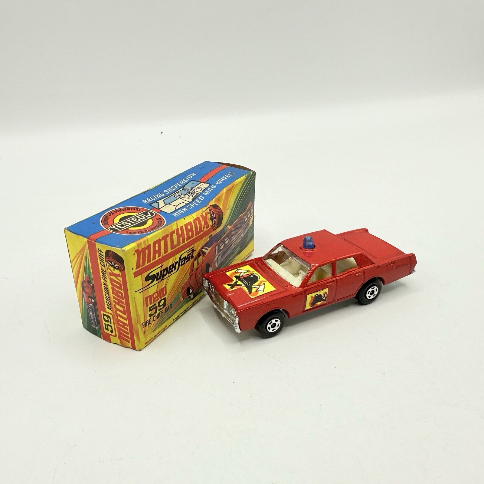 Matchbox Superfast 59 Mercury Fire Chief with Helmet & Axles Labels Boxed - Magic Matchbox