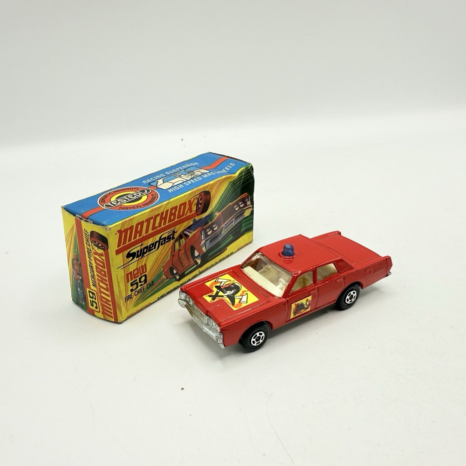 Matchbox Superfast 59 Mercury Fire Chief with Helmet & Axles Labels Boxed - Magic Matchbox