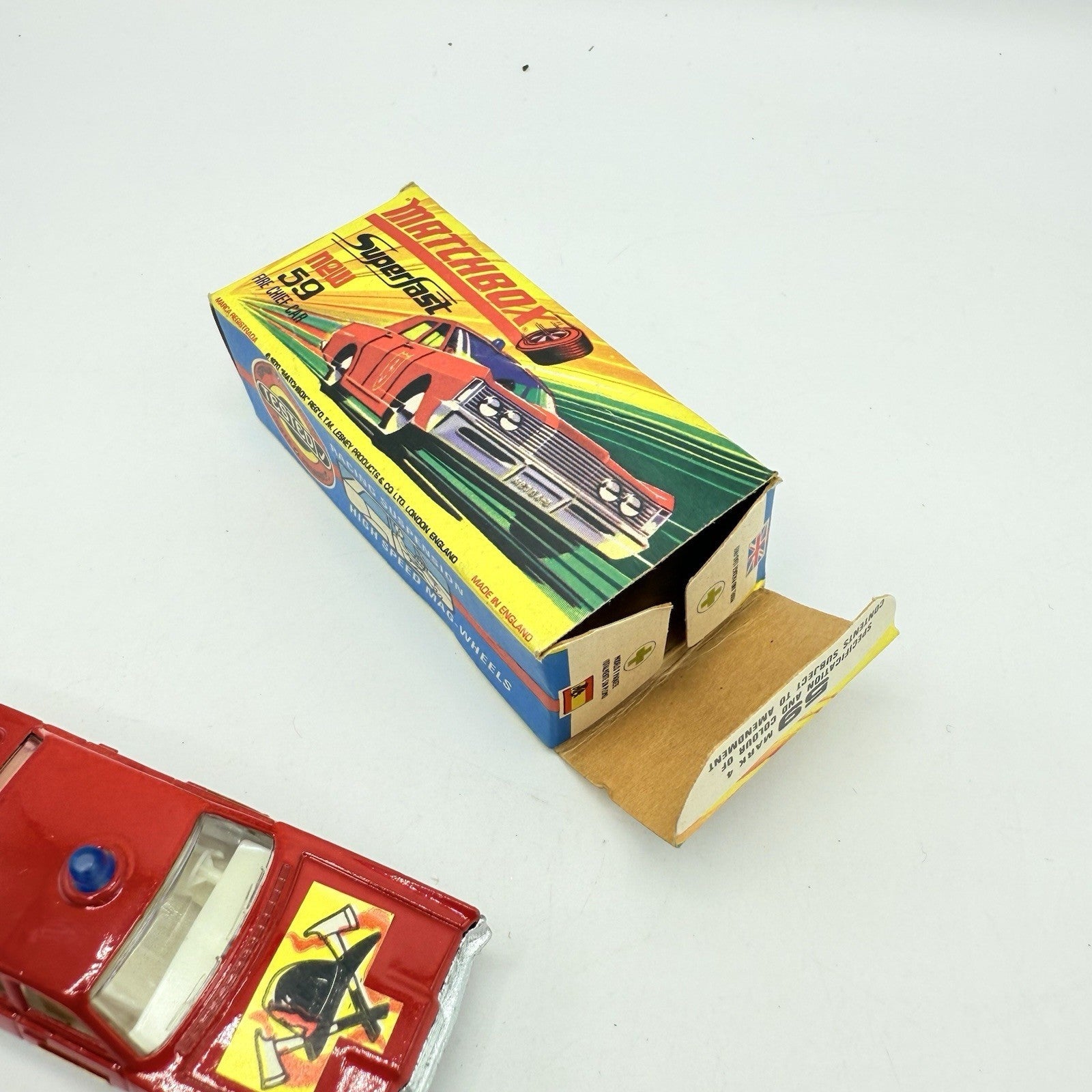 Matchbox Superfast 59 Mercury Fire Chief with Helmet & Axles Labels Damaged - Magic Matchbox