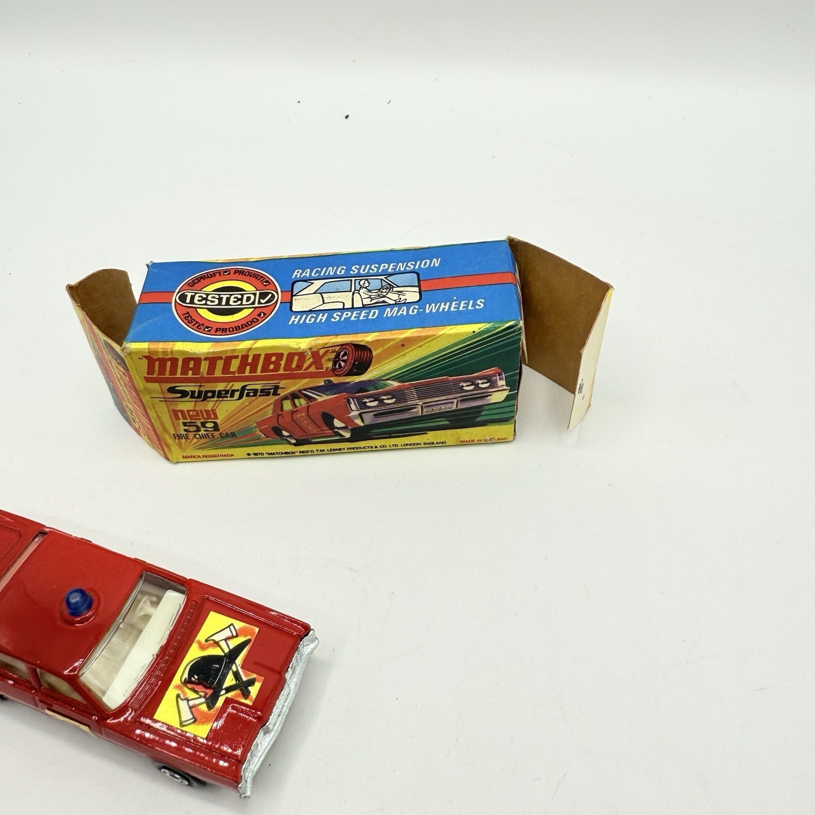 Matchbox Superfast 59 Mercury Fire Chief with Helmet & Axles Labels Damaged - Magic Matchbox
