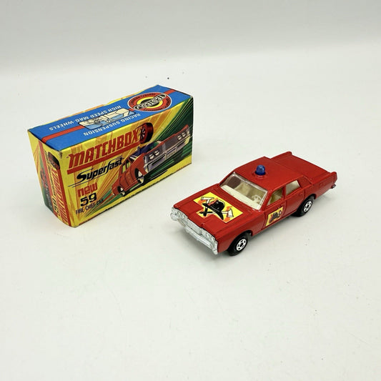 Matchbox Superfast 59 Mercury Fire Chief with Helmet & Axles Labels Damaged - Magic Matchbox